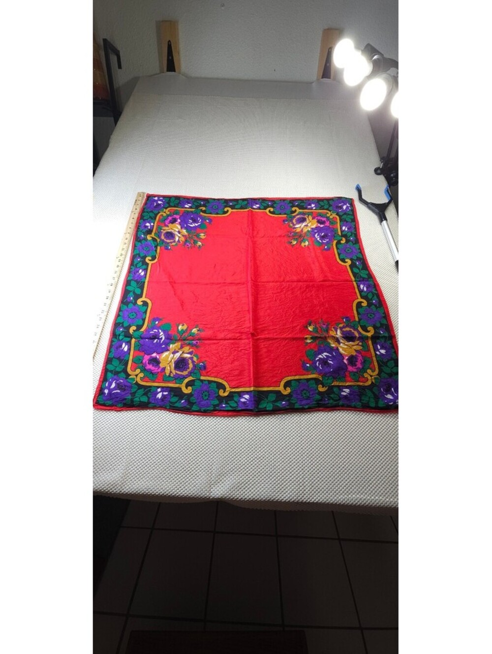Vintage 100% Silk Red Floral Square Scarf with Purple and Green Border